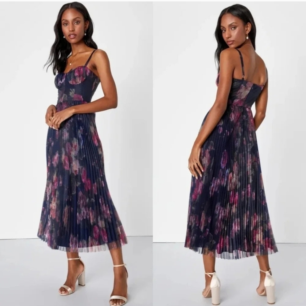 Lulus Alluring Invite Women's Midnight Blue Floral Pleated Bustier Midi Dress